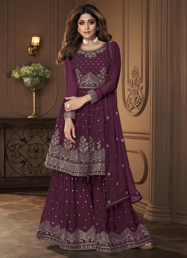 Georgette Purple Party Wear Embroidery Work Sharara Suit